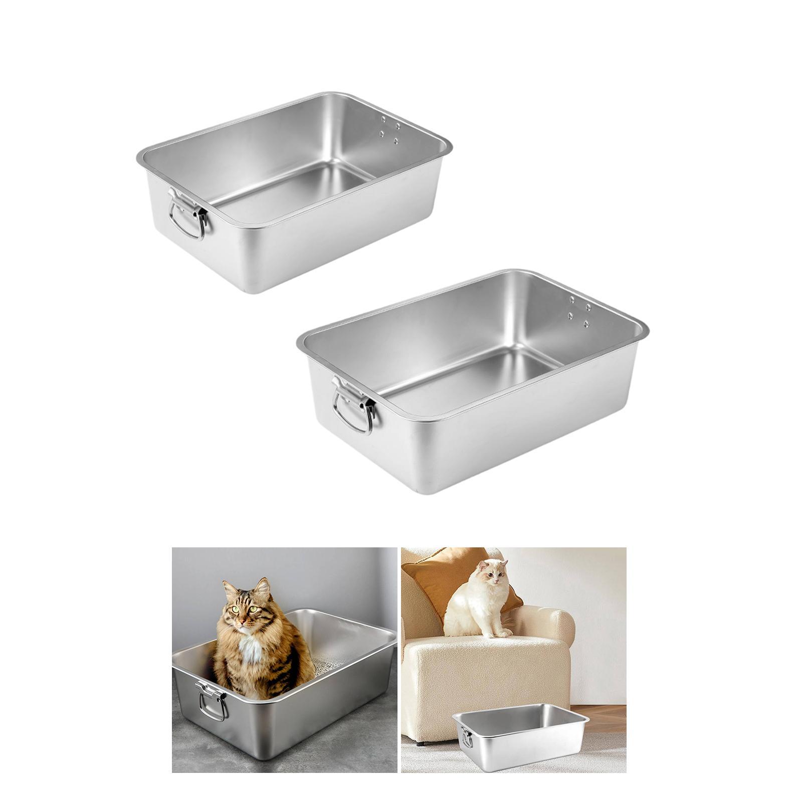 Open Litter Box Stainless Steel Portable Pet Bedpan with Handles Anti Splashing for Indoor Cats Kitten Potty Pan Cat Bedpan S