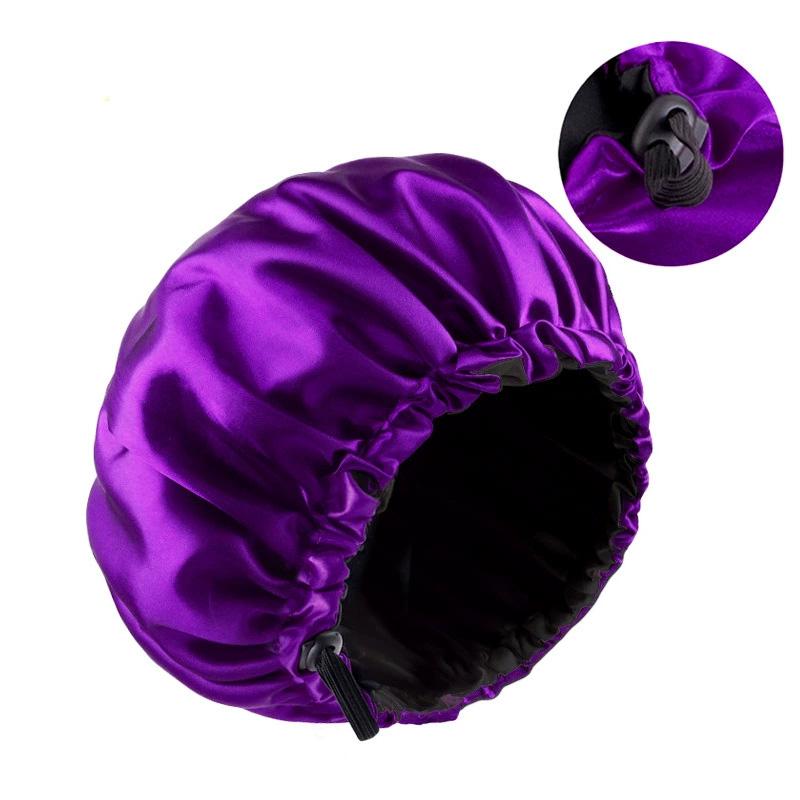 1pc Double Layer Adjustable Satin Bonnet Solid Color Elastic Button for Women Hair Hat Nightcap Silky Satin Fabric