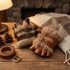 Furry Fingerless Gloves Adjustable Buckle Gauntlet Steampunk PU Leather Mittens  Cosplay