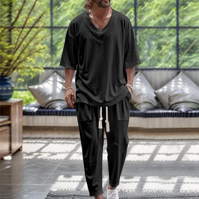 Spring Trend Men's Fashion V-neck Shirt Casual Comfortable Loose High-end Long Sleeve Pants Solid Color Beach Suit