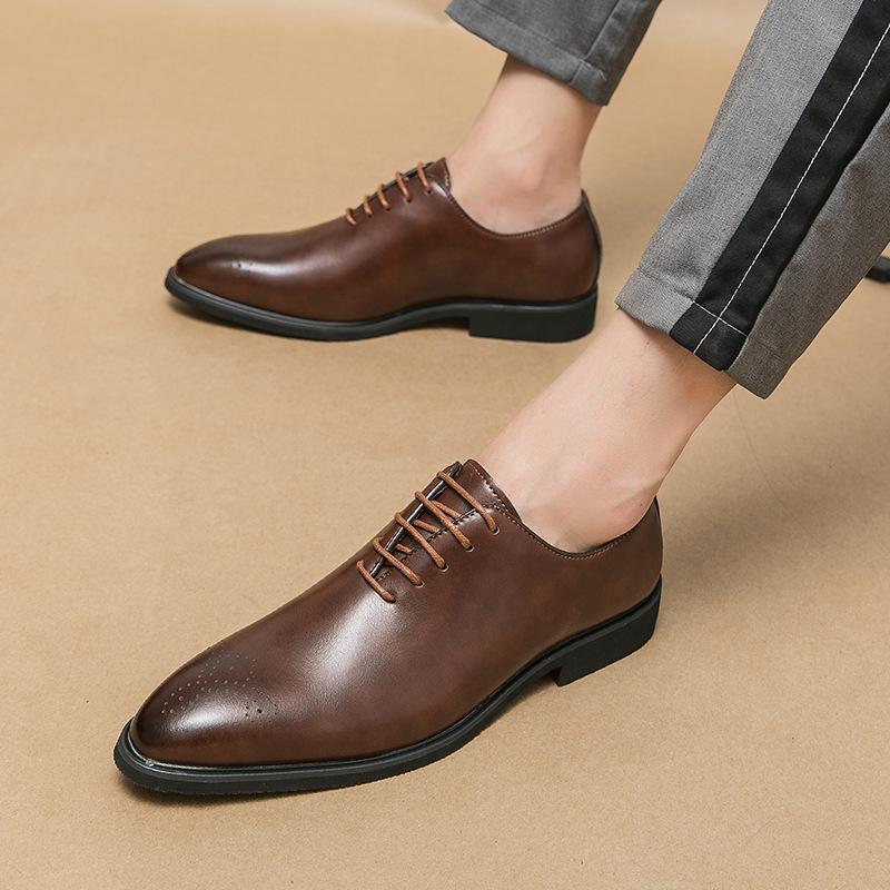 Business Leather Shoes Men's Dress Wedding Groom Autumn Casual Pointed Lace-Up Brock Derby Shoes