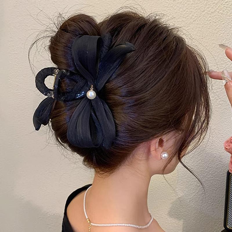 French Pearl Bow Pleated Hair Clips Women Korean Elegant Shark Clip Hair Accessories