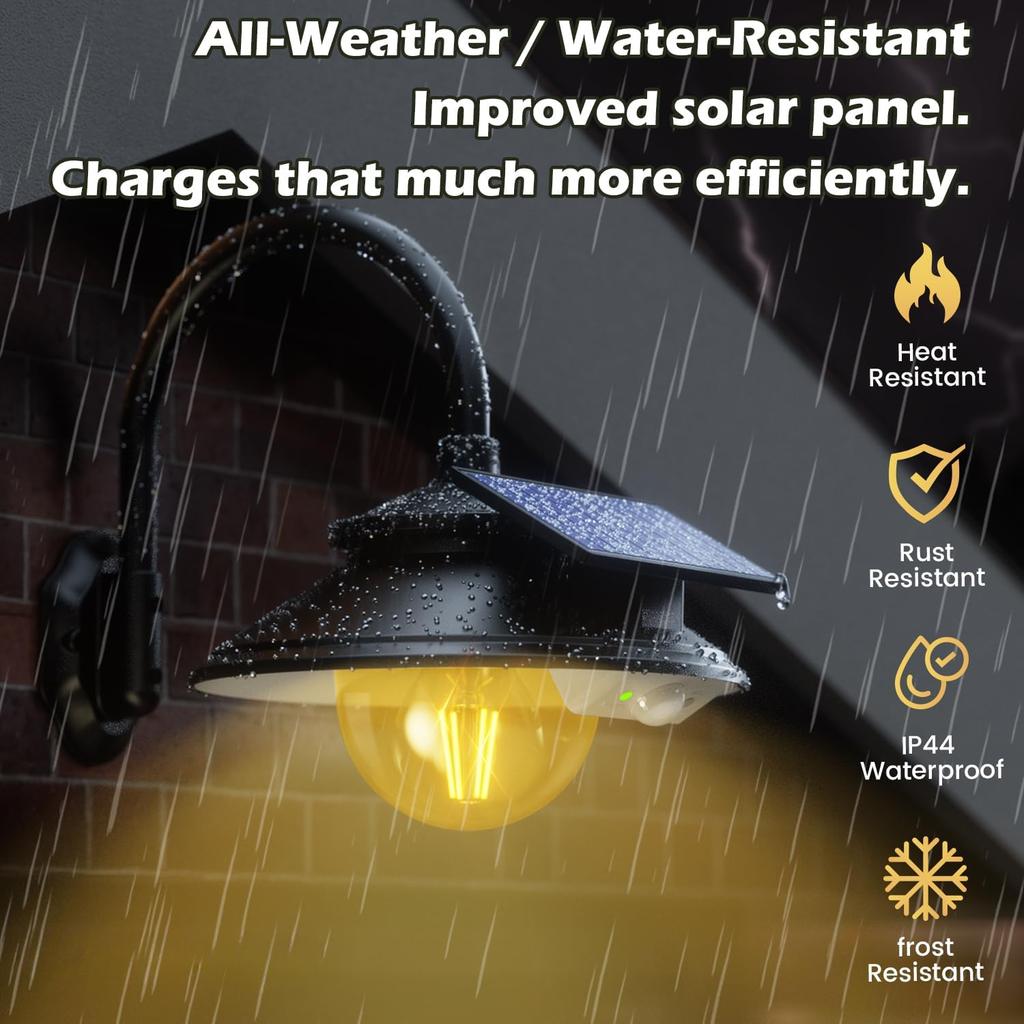 Solar Barn Lights 3 Modes 2 Lighting Ways, Gooseneck Farmhouse Wall Light Waterproof with Remote Control/Motion Sensor