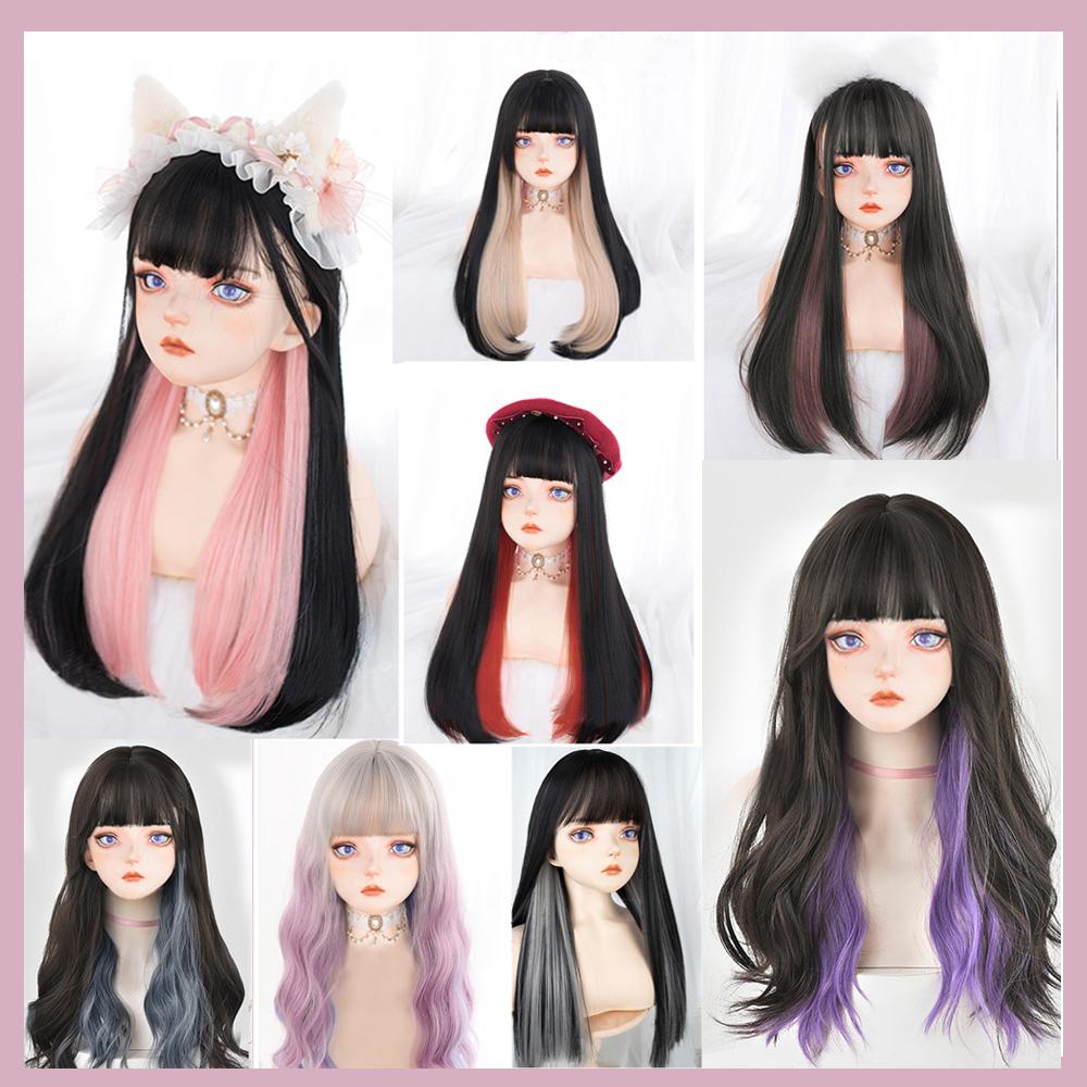 Pony-Perücke, braun, schwarz, synthetischer Farbverlauf, mehrfarbig, Colorblock-Perücke, Lolita-Perücke