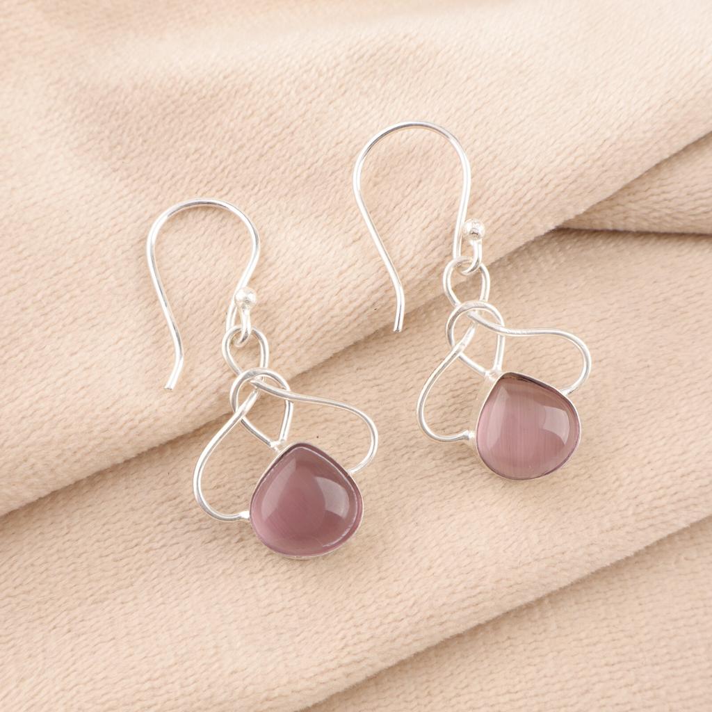 Purple Cat's Eye Gemstone 925 Stamped Silver Jewelry Handcrafted Earrings 1.50" EE-2-47