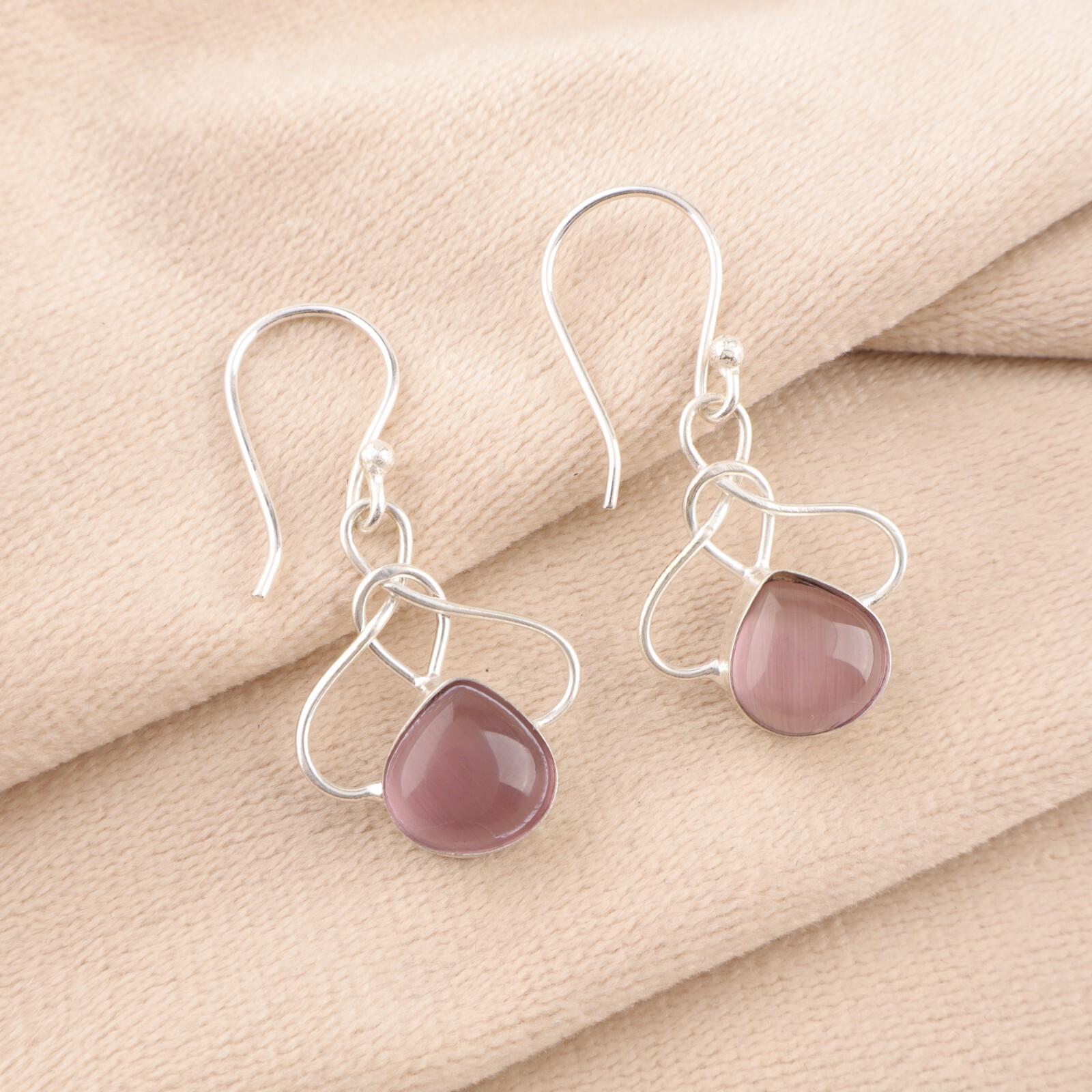 

Purple Cat s Eye Gemstone 925 Stamped Silver Jewelry Handcrafted Earrings 1.50 EE-2-47