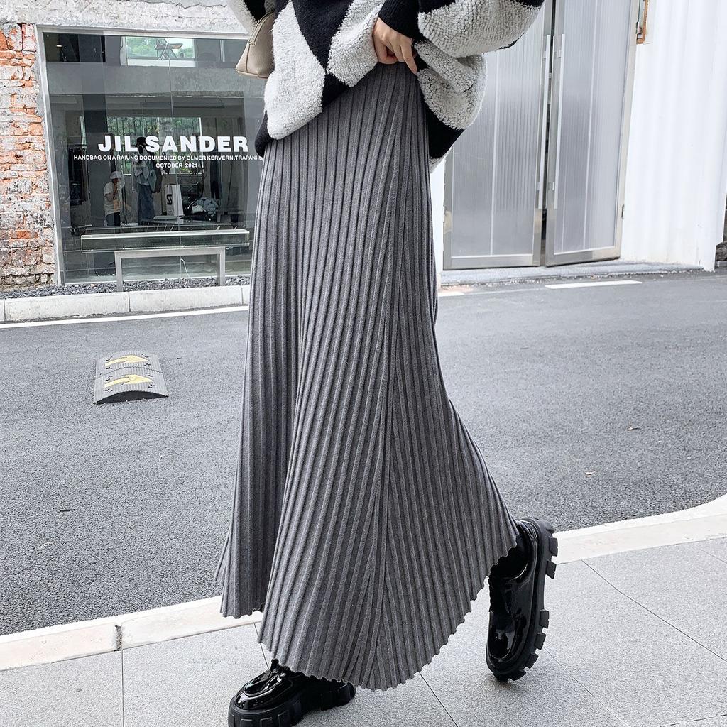 Autumn Winter Simple Classic Warm Female Knit Long Skirt Pleated Skirt Women High Waist Slim Vintage A-Line Skirt