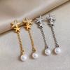 New Elegent Rhinestone Star Zircon Earrings for Women Long Tassel Chain Round Pearl Drop Earrings Luxury Shiny Y2K Jewelry Gifts