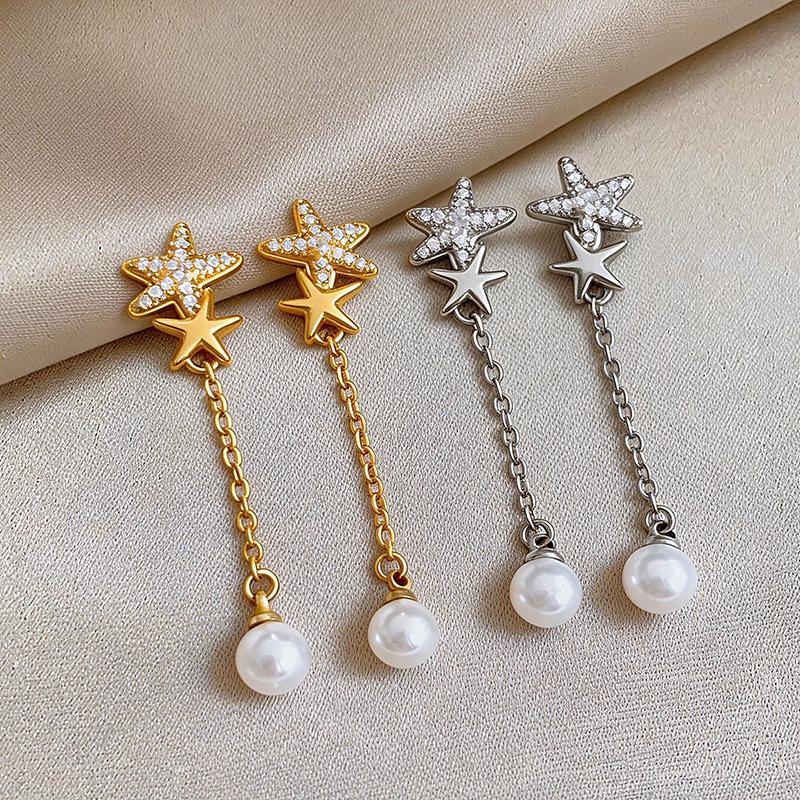 New Elegent Rhinestone Star Zircon Earrings for Women Long Tassel Chain Round Pearl Drop Earrings Luxury Shiny Y2K Jewelry Gifts