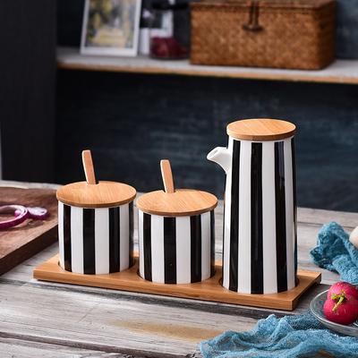 Nordic Black and White Stripes Ceramic Spice Jar Combination Set Salt Sugar Oil Soy Sauce Bottle Vinegar Pot Kitchen Supplies
