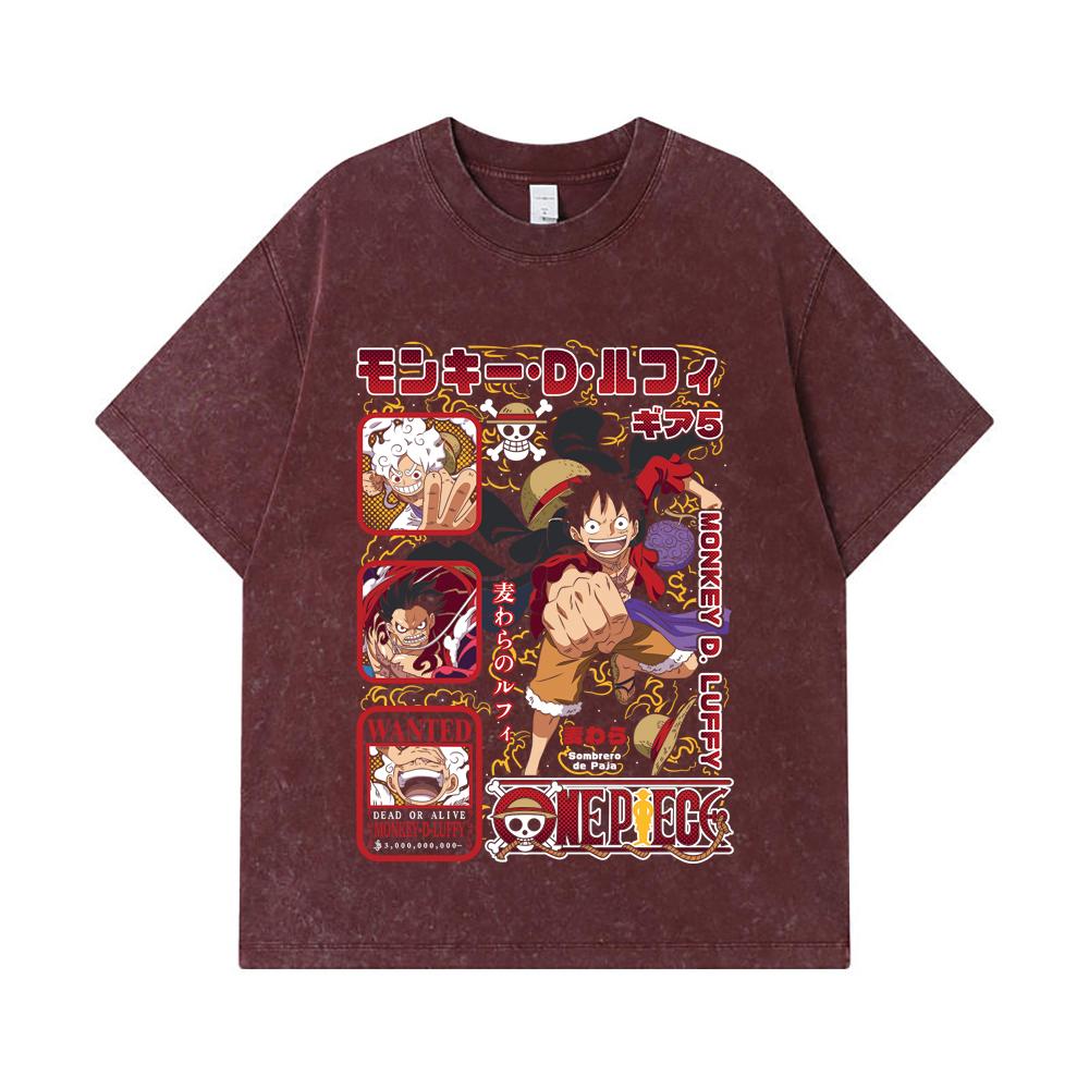 275 GSM Washed T-shirts 100% Cotton One Piece V78 Luffy Print Unisex Heavy Cotton T Shirt