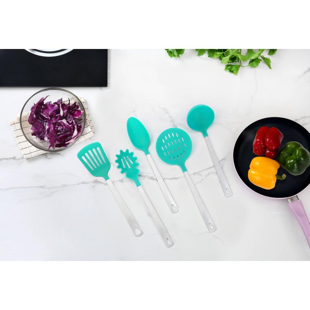 Stainless Steel Nylon 5 Piece Kitchen Utensil Set Cooking Spoon Ladle Skimmer Turner Pasta Server Ergonomic Dishwasher Safe