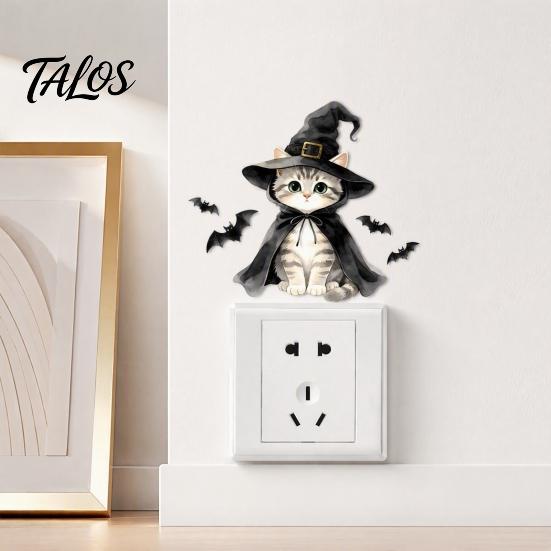 Decorative Wall Stickers for Bedroom Halloween Wizard Cat & Bat Switch Sticker, Self-Adhesive Light Decal, Childlike Holiday Ornaments Removable Decor