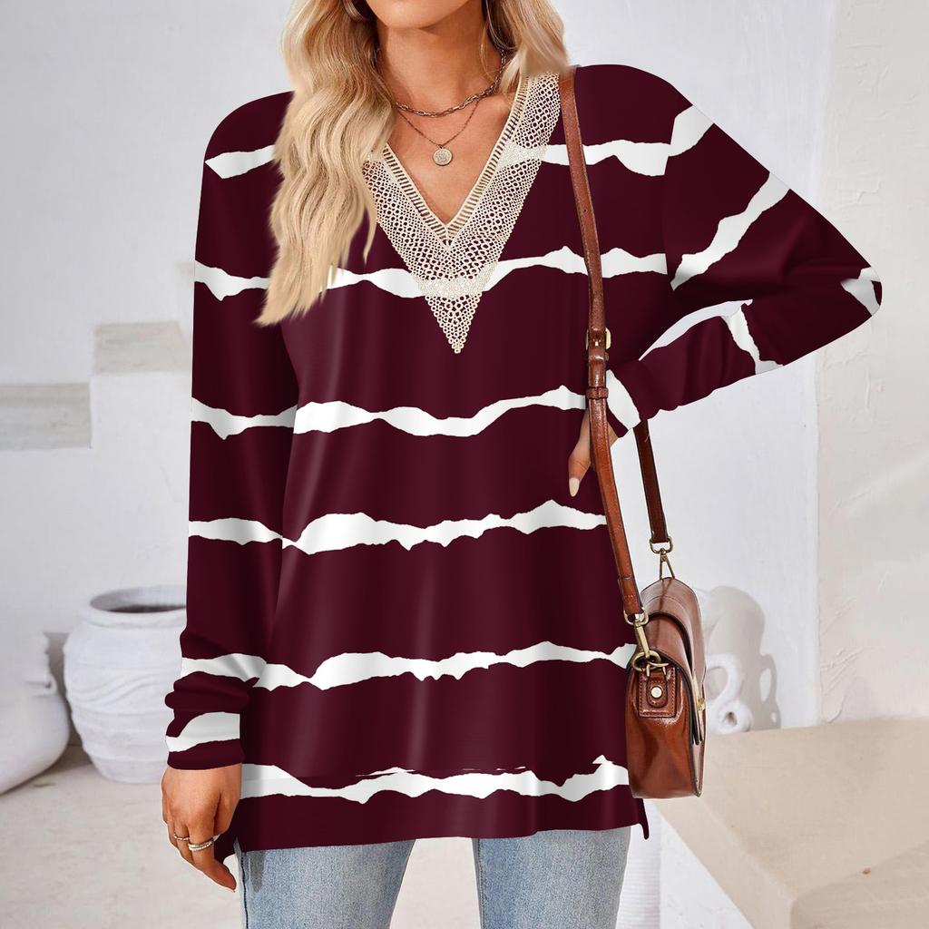 Womens Tops Loose V-neck Contrast Color Split Loose Long Sleeve T-shirt Women's Tops