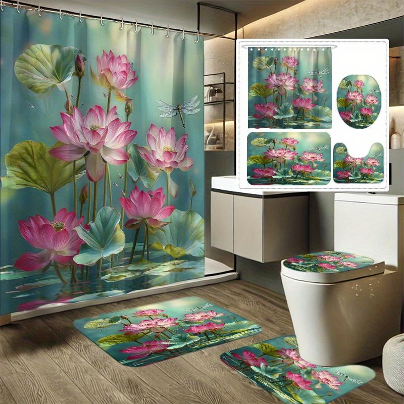 

4pcs Summer for Lotus Water Dragonfly Dance Printed Shower Curtain Set, Bathroom Decorating Kit Includes Shower Curtain 90x180cm
