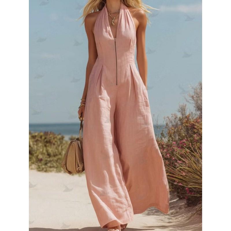 Womens Sleeveless V-Neck Zipper Front Jumpsuit With Halter Neckline Wide Leg Long Romper Casual Office Wear
