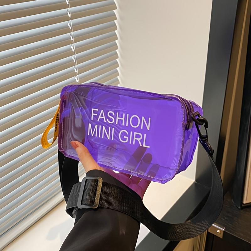 Trendy Jelly Handbag Fashion Letter Small Square Bag Transparent Jelly Bag Single Shoulder Handbag Simple Adjustable Strap Crossbody Bag