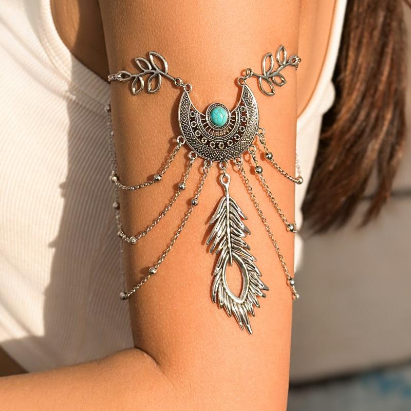 Braccialetto con catena in metallo con nappa a foglia di piuma vintage per donne e ragazze, bracciale punk bohemien