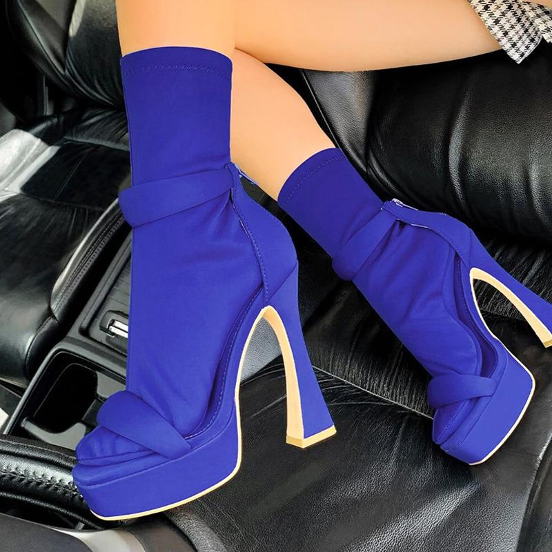 Merkelige Høye Hæler Sexy Chunky Sandaler Dame Plattform Firkantet Tå Ankel-Wrap Glidelås Strippersko Kvinner Blå