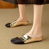 Fashion Women's New Spring/Summer Round Head Genuine Leather Cowhide Breathable Mesh Wrap Headed Middle Heel Large Muller Slippers