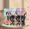 1PC French Bulldog Rose Flower Print 750ml Color Plastic Sports Water Bottle Leakproof Flip Straw Lid Suitable for Sports Office Home Use