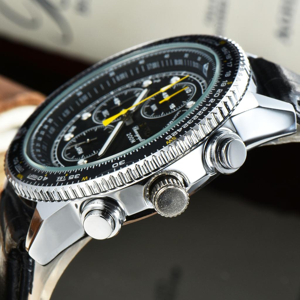SEIKO Herren Quarz Chronograph Uhr Edelstahl / Lederarmband Tachymeterlünette Leuchtzeiger Datum Sport Business Herren Armbanduhr