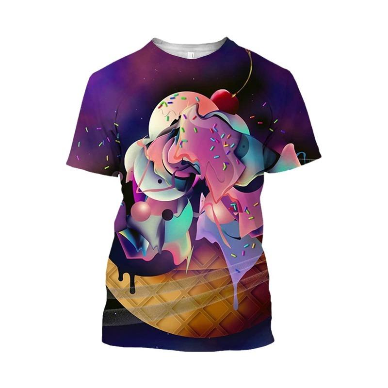 Eis 3D-Druck T-Shirt Herren Erdbeer Schokolade Grafik T-Shirt Unisex Lustig Essen Lässig Kurzarm Oberteile Cartoon T-Shirt