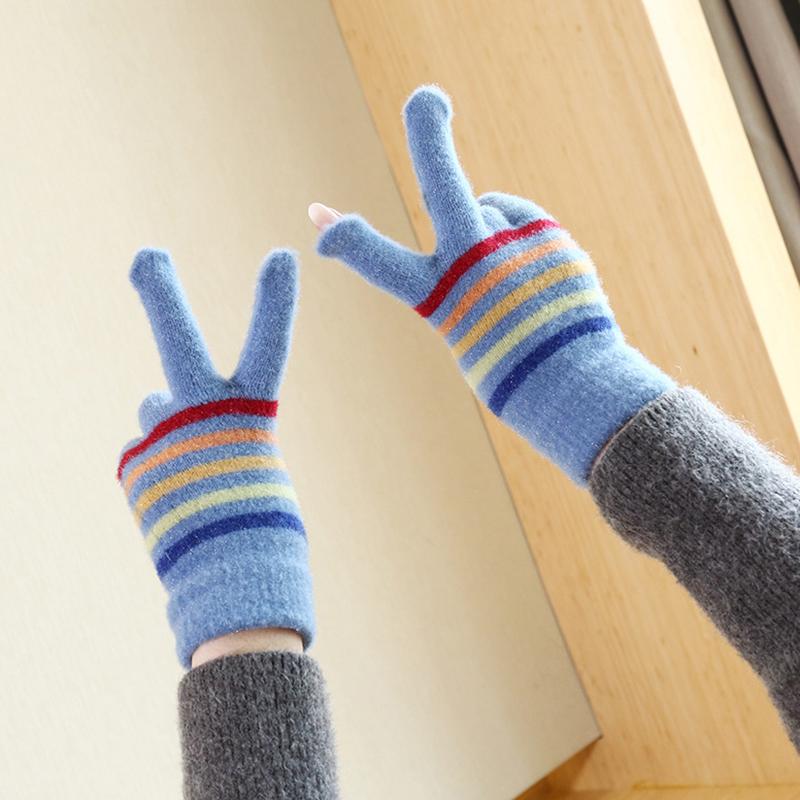 1Pair Cute Rainbow Striped Gloves Small Openings Fingers Winter Warm Touchscreen Gloves Unisex Students Riding Gloves Gifts