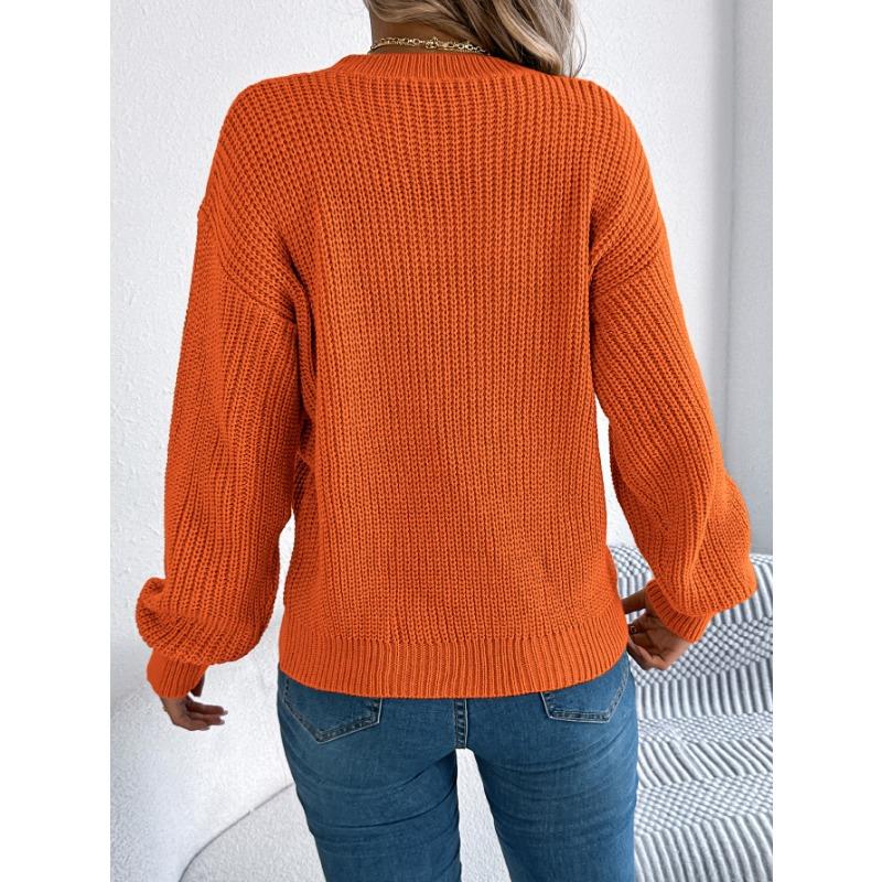 Women S Casual Solid V Neck Lantern Sleeve Pullover Sweater