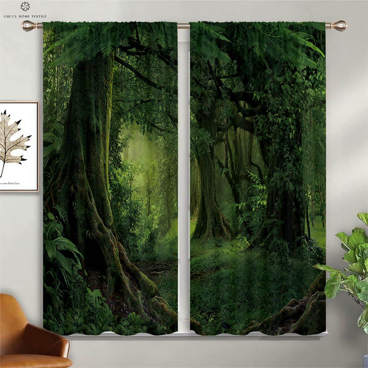 

Misty Forest-3D Printed Drapes, Green Vegetation, Rod Pocket, Bedroom, Kitchen, Living Room, Decorative, 2 Pieces W50xH130(CM)x2PCS&Grommet Top