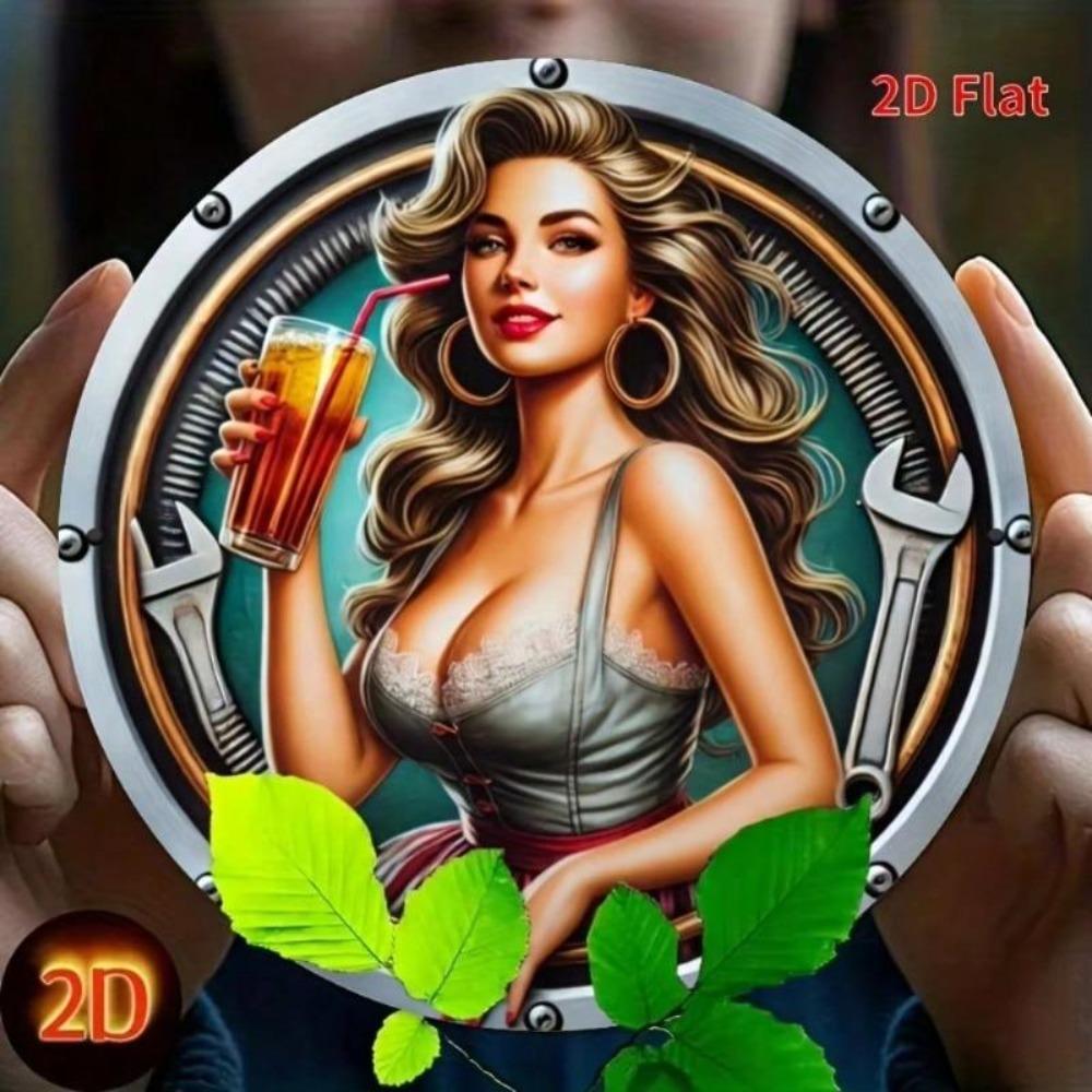 Vintage Metal Wall Art Round Plaque Elegant Woman with Wrench and Drink Home Bar Cafe Decor
