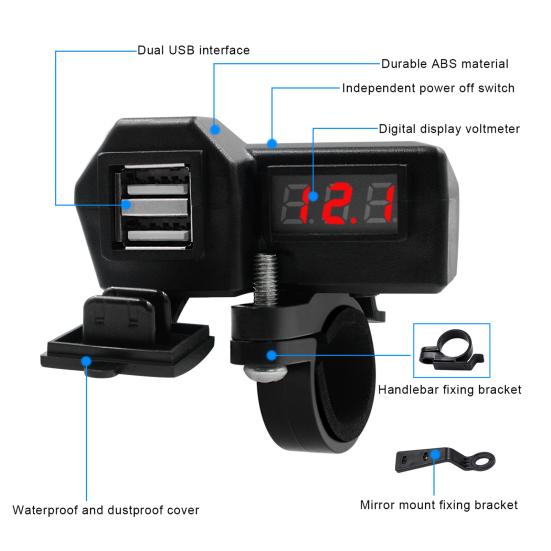 Motorcycle Multifunctional Dual USB Mobile Phone Charger Adapter with Voltmeter