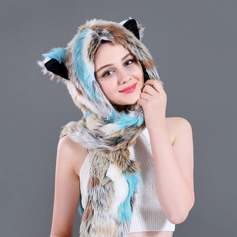 Women 3 In 1 Furry Animal Hat Scarf 