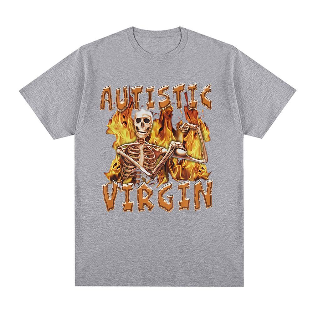 Autist Jungfrau Lustiger Skelett Autismus Meme T-Shirts Herrenbekleidung Vintage Gothic Kurzarm T-Shirt Baumwolle Oversized T-Shirt