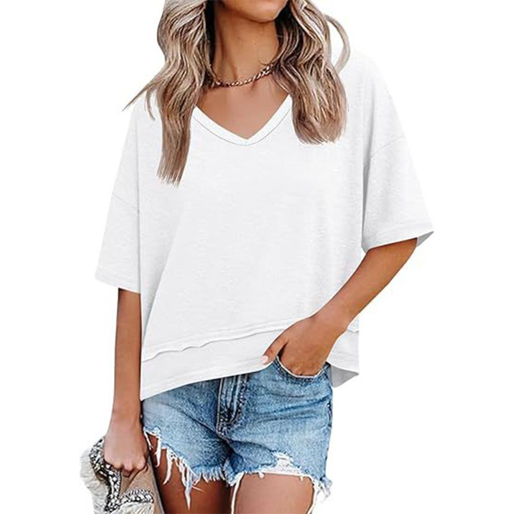Damenmode Farbe V-Ausschnitt Mittellange Ärmel Saum-Patchwork Locker T-Shirt Top