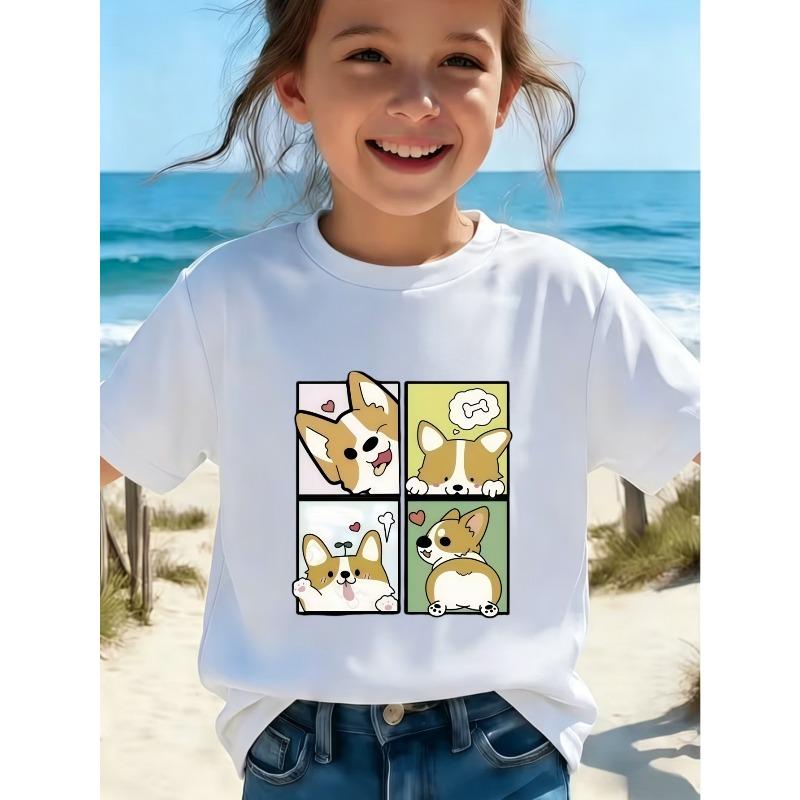 European sizes Girls' 4-Panel Cute Corgi Print Short Sleeve T-Shirt - Casual Round Neck Regular Fit, Soft Cute Multiple Expression