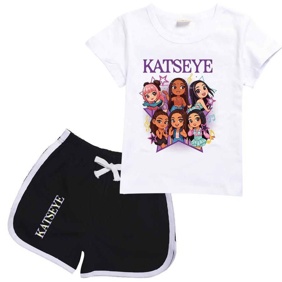 9197 2pcs/set Kids Girls Katseye Printed Short Sleeves T-Shirt Shorts Clothes Set 100cm белый