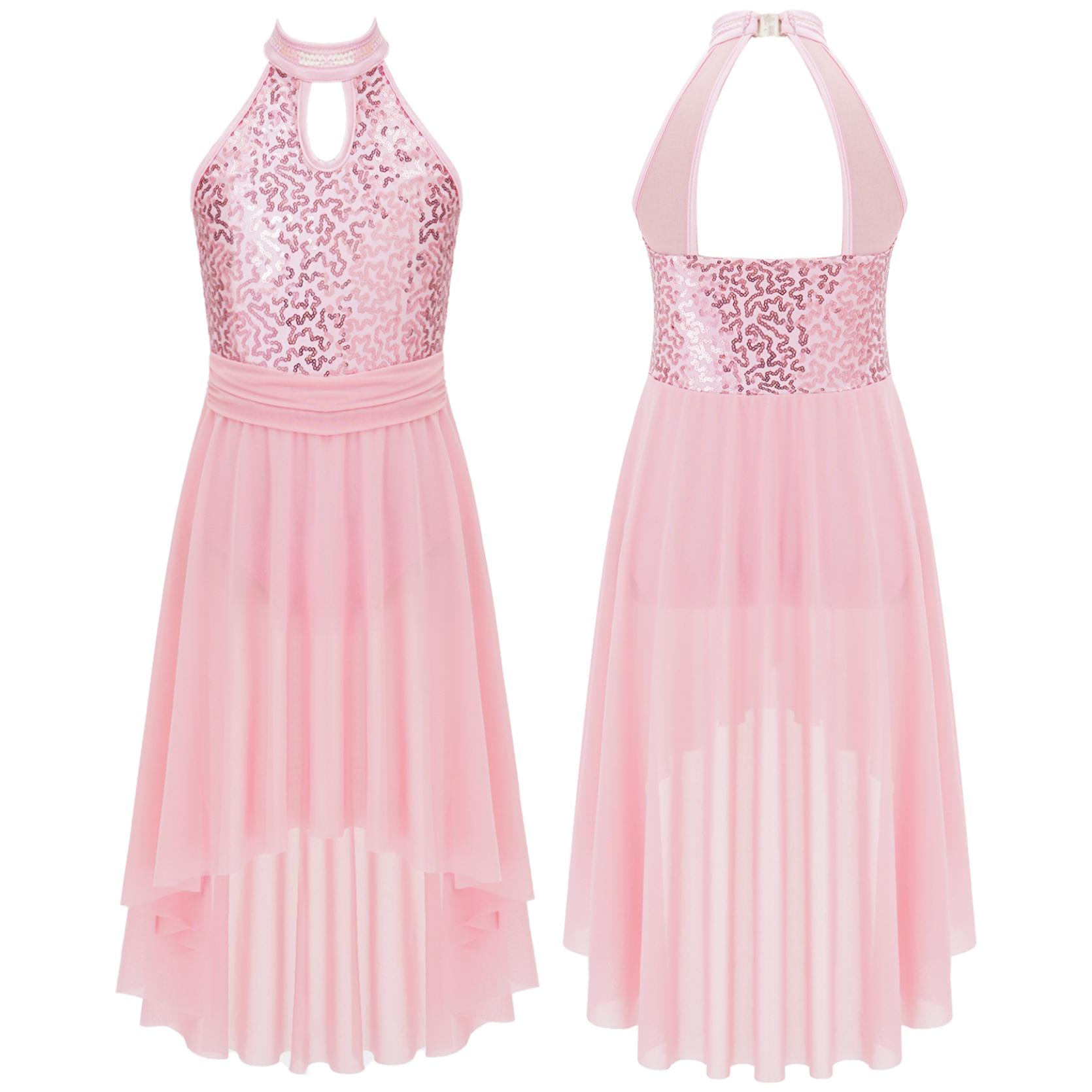 

Сукня з вуаллю без рукавів із порожнистою спиною та паєтками з нерегулярним подолом для сценічного виступу дітей для дівчат 5-6 Years рожевий