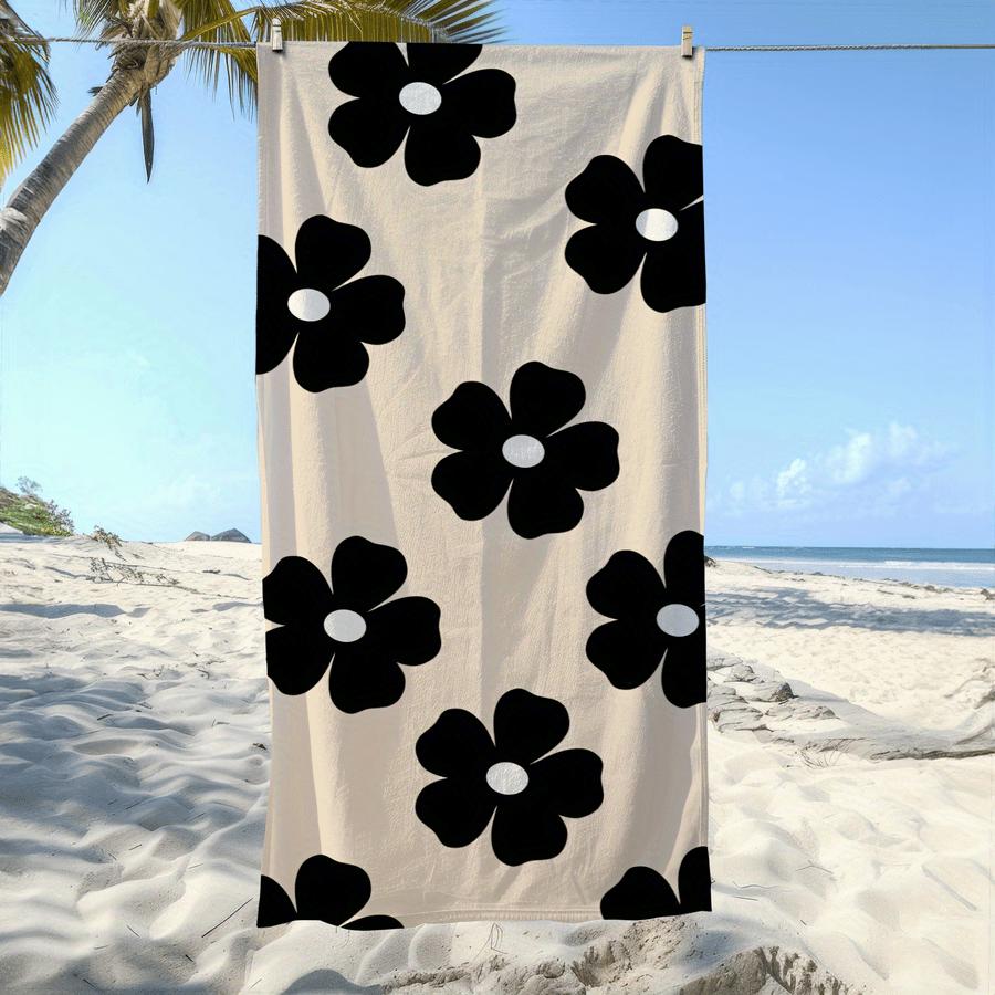 Minimalist Floral Large Beach Towel Summer Towel Oversized Pool Towel Nordic Black Flower Print Microfiber Sand Free Bath Mat