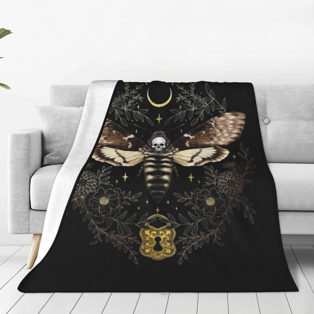 Gothic Skull Moth Print Flannel Throw Blanket Soft Warm All Season for Sofa Bed Camping Travel Ideal Gift