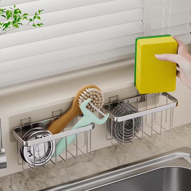 Stainless Steel Sink Caddy Kitchen Sink Organizer Sponge Holder Dish Soap Brush Storage Rack Countertop Drain Basket