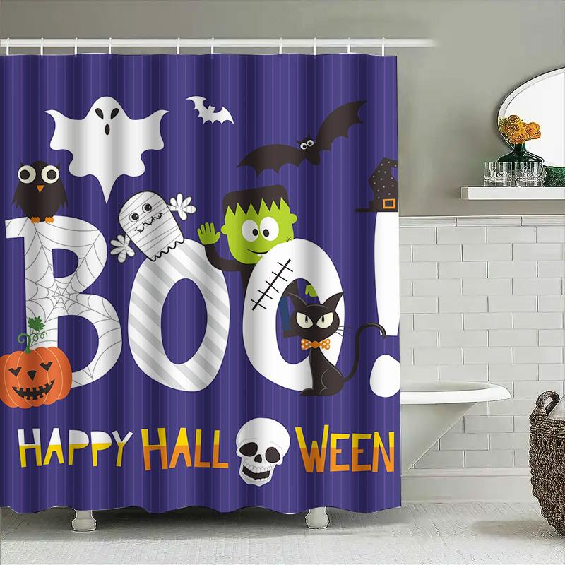 

Tuniu Halloween Striped Shower Curtain Cute Ghost & Pumpkin Pattern For Bathroom Kids Girls Boys W60H190(CM)-1 Pcs