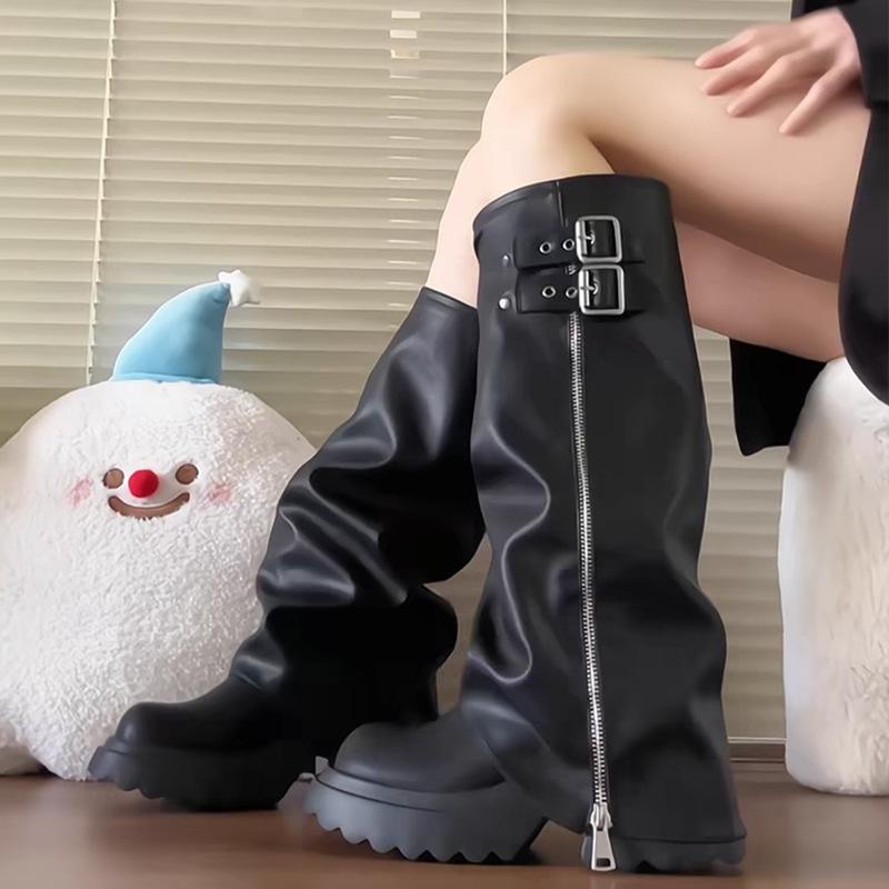 

Пикантные ботинки-трубы на толстой подошве для девушек, женские 2025 новые ботильоны, ботфорты до колена на молнии сбоку, высокие рыцарские сапоги 42 чёрный