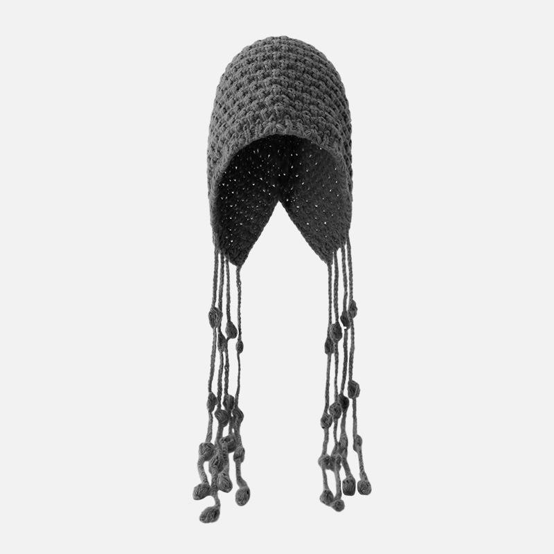 

Woven hollow knitted hat women s autumn outing versatile tassel strap wool sleeve cold hat One Size (58-60cm)