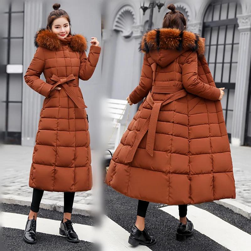 Winter Women's Jacket Warm Fashion Comfortable Bow Belt Fox Fur Collar Clothes Long Dress Office Casual Women's Thick Coat