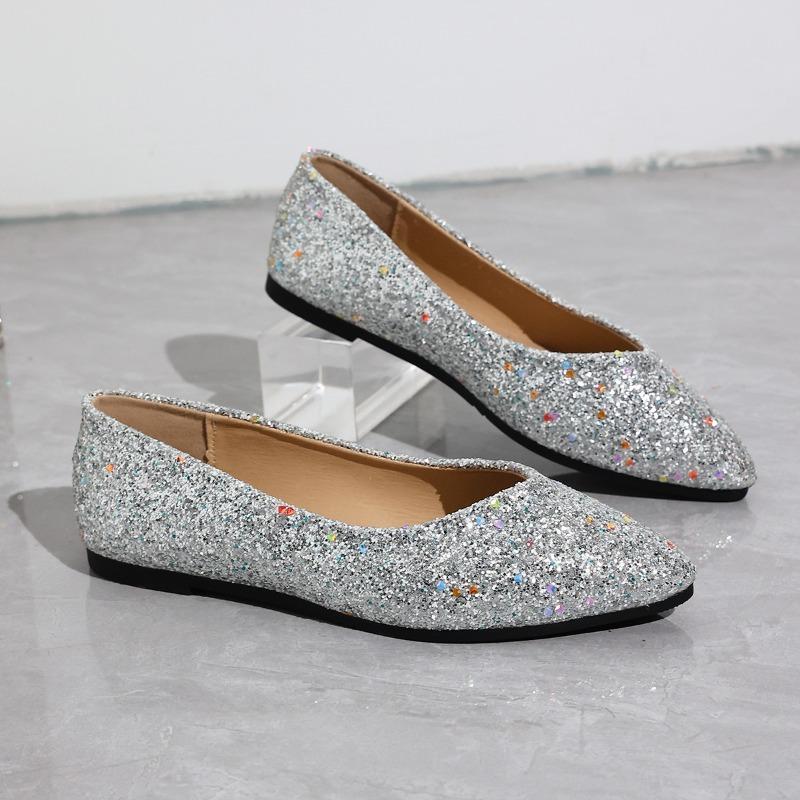 Sequin Flats Women's Fashion Pointed Toe Shallow Mouth Slip-On Low Top Plus Size Single