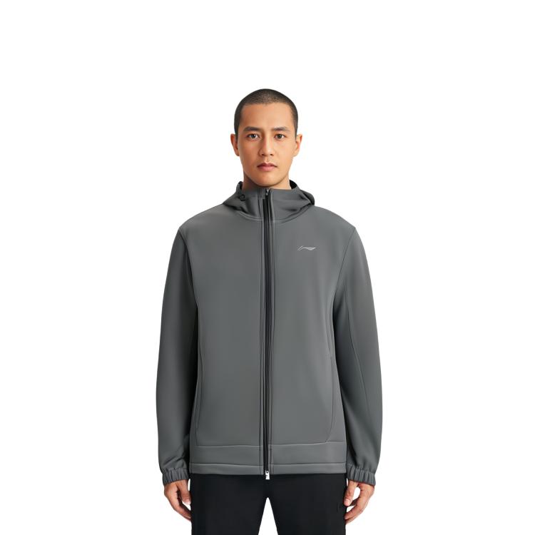Li-Ning Fitness Series Solid Color Logo Print Zipper Hooded Sports Windbreaker Men Outerwear Gray AFDSA01-2