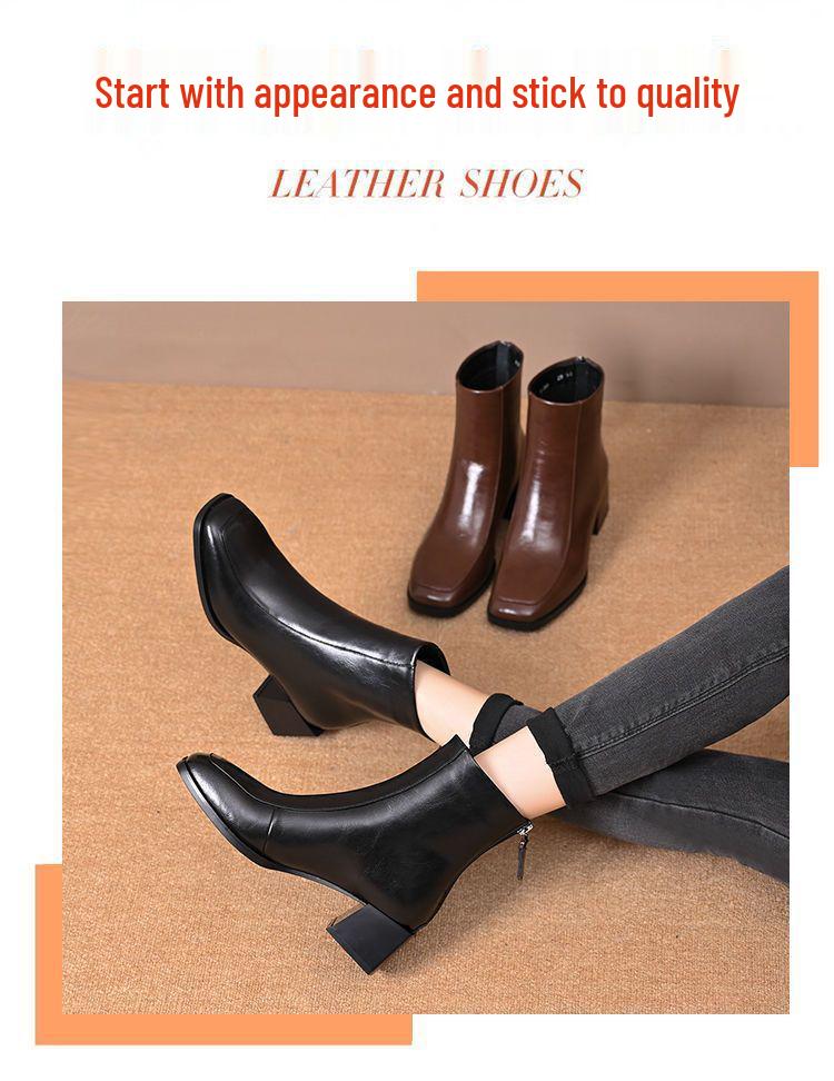 Damen Stiefeletten mit Blockabsatz - Herbst/Winter 2025, Leder, Plus Samt, Nude, Eckige Zehenpartie, Mittelhoher Absatz, Bequeme Passform.