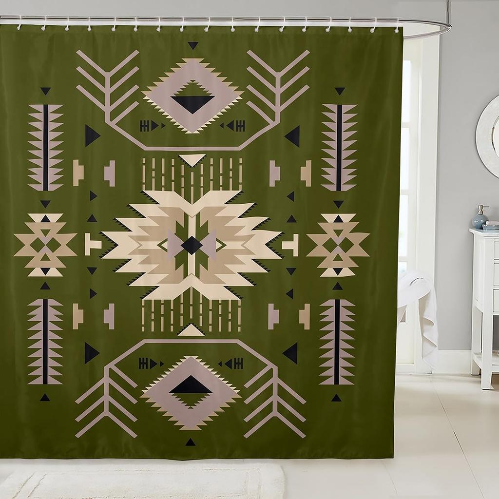 Southwest Shower Curtain, Geometric Aztec Tribal Pattern Bathroom Curtain Vintage Striped Western Waterproof for Kids Girls