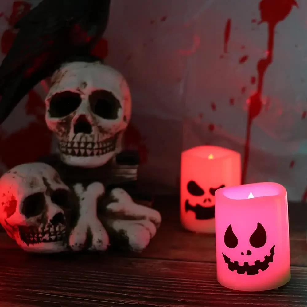 1/6Pack Halloween LED Candles Battery Operated Flameless Flickering Tea Lights Color Changing Votive Ghost Face Decor,Party Home
